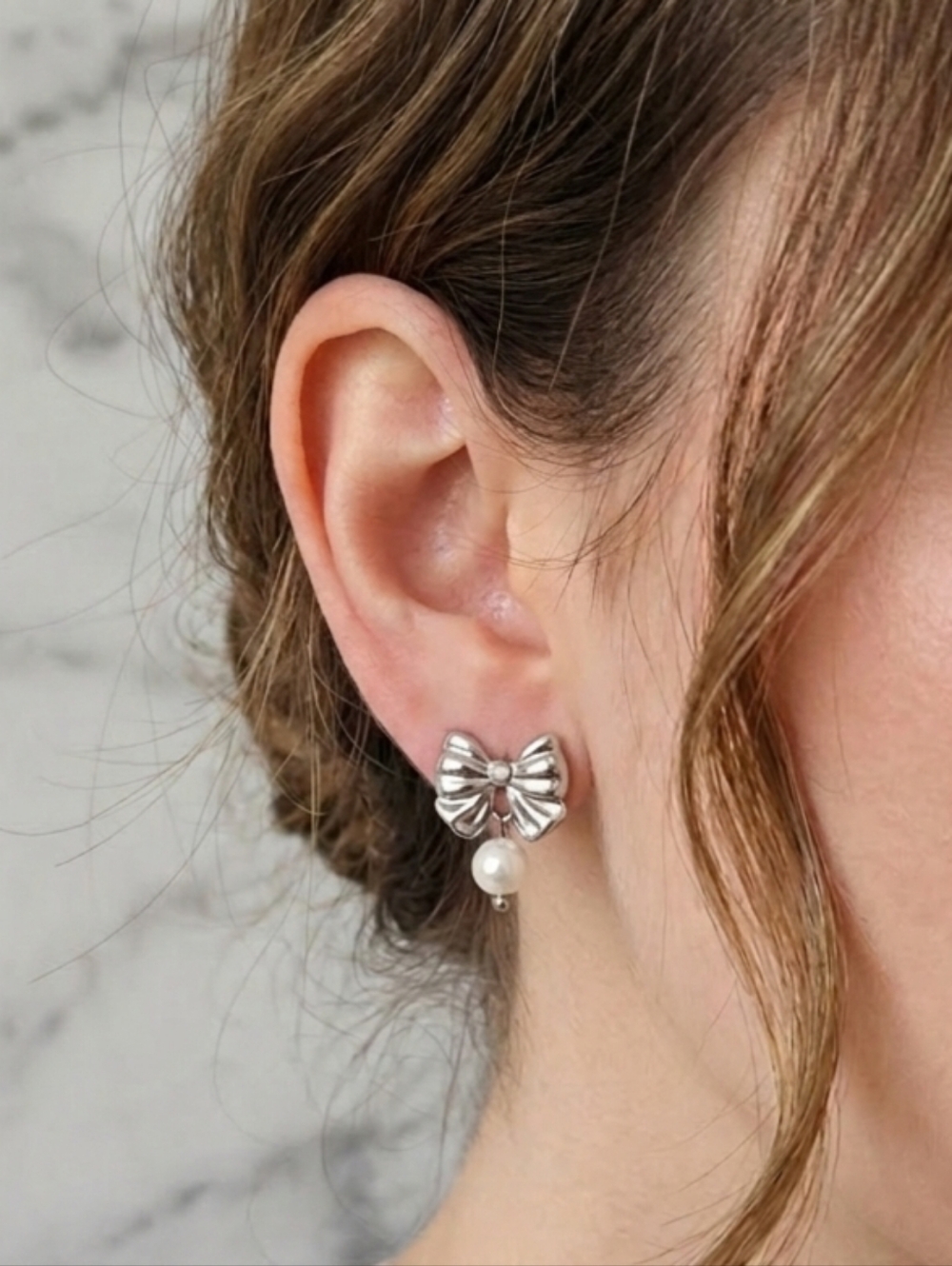 Dainty Silver Bow & Pearl Statement Earrings Elegant Everyday Jewelry